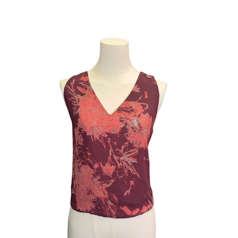 Babaton Aritzia Burgundy Floral V-Neck Camisole Tank Top Chiffon Blouse S